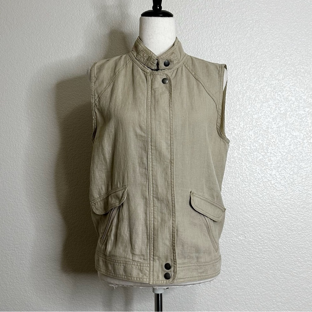 Michael Stars 100% Linen Tan Military Fully Zip Vest Jackets, Sz Large
